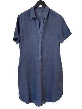 120% Lino Linen Button Down Shirt Dress Navy Blue 6 Short Sleeve Luxury